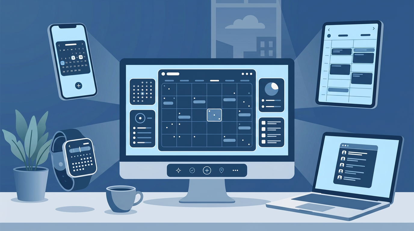 CalendarConnect running across a desktop monitor, laptop, phone, tablet, and smartwatch in a modern workspace